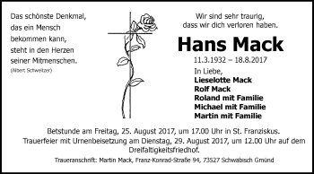 Traueranzeige von Hans Mack von Gmünder Tagespost