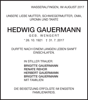 Traueranzeige von Hedwig Gauermann von Schwäbische Post