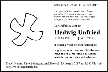 Traueranzeige von Hedwig Unfried von Gmünder Tagespost