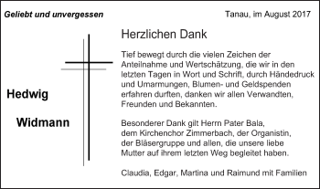 Traueranzeige von Hedwig Widmann von Gmünder Tagespost