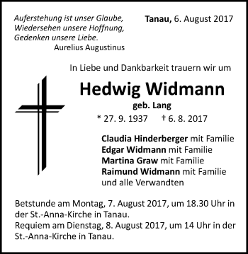 Traueranzeige von Hedwig Wiedmann von Gmünder Tagespost