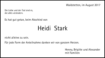 Traueranzeige von Heidi Stark von Gmünder Tagespost