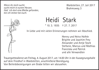 Traueranzeige von Heidi Stark von Gmünder Tagespost