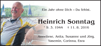 Traueranzeige von Heinrich Sonntag von Schwäbische Post