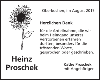 Traueranzeige von Heinz Proschek von Schwäbische Post