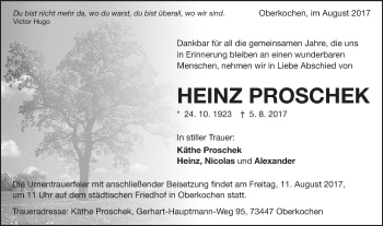 Traueranzeige von Heinz Proschek von Schwäbische Post