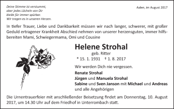 Traueranzeige von Helene Strohal von Schwäbische Post