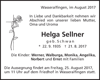 Traueranzeige von Helga Sellner von Schwäbische Post