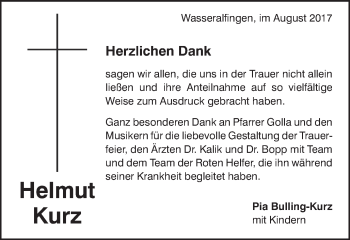 Traueranzeige von Helmut Kurz von Schwäbische Post