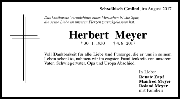 Traueranzeige von Herbert Meyer von Gmünder Tagespost
