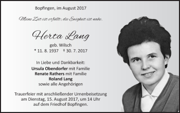 Traueranzeige von Herta Lang von Bopfinger Stadtanzeiger