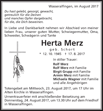 Traueranzeige von Herta Merz von Schwäbische Post