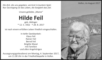 Traueranzeige von Hilde Feil von Schwäbische Post