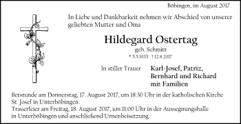 Traueranzeige von Hildegard Ostertag von Gmünder Tagespost