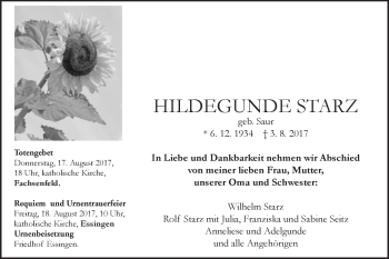 Traueranzeige von Hildegunde Starz von Schwäbische Post