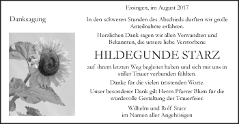 Traueranzeige von Hildegunde Starz von Schwäbische Post