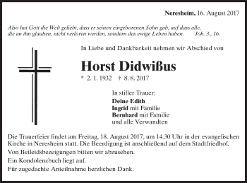 Traueranzeige von Horst Didwißus von Schwäbische Post