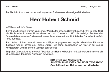 Traueranzeige von Hubert Schmid von Schwäbische Post
