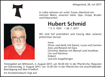 Traueranzeige von Hubert Schmid von Schwäbische Post