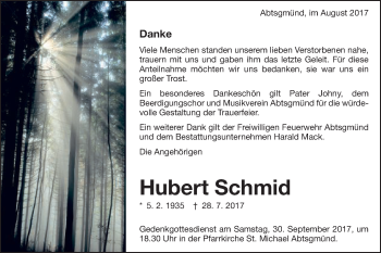 Traueranzeige von Hubert Schmid von Schwäbische Post