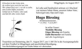 Traueranzeige von Hugo Blessing von Gmünder Tagespost