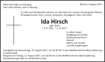 Traueranzeige von Ida Hirsch von Schwäbische Post