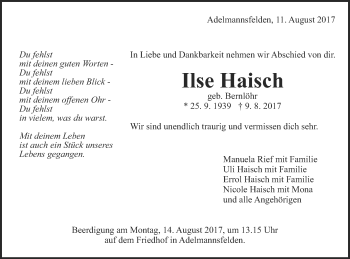 Traueranzeige von Ilse Haisch von Schwäbische Post