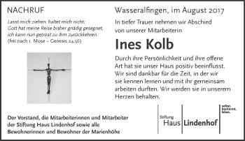 Traueranzeige von Ines Kolb von Schwäbische Post