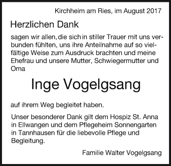 Traueranzeige von Inge Vogelsang von Schwäbische Post