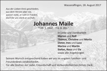 Traueranzeige von Johannes Maile von Schwäbische Post