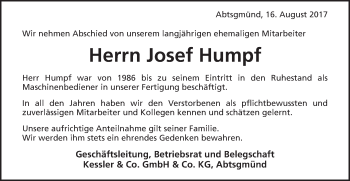 Traueranzeige von Josef Humpf von Schwäbische Post