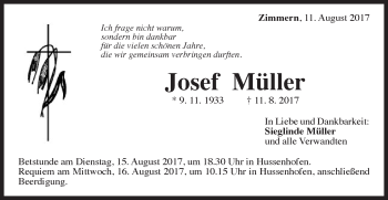 Traueranzeige von Josef Müller von Gmünder Tagespost