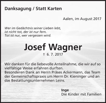 Traueranzeige von Josef Wagner von Schwäbische Post