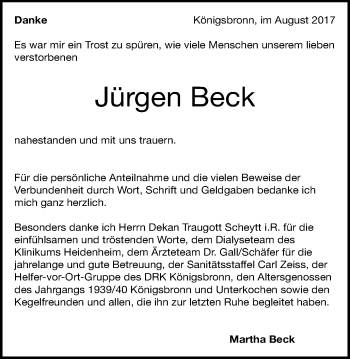 Traueranzeige von Jürgen Beck von Schwäbische Post