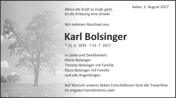 Traueranzeige von Karl Bolsinger von Schwäbische Post