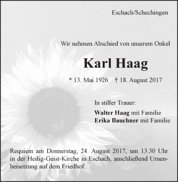 Traueranzeige von Karl Haag von Gmünder Tagespost