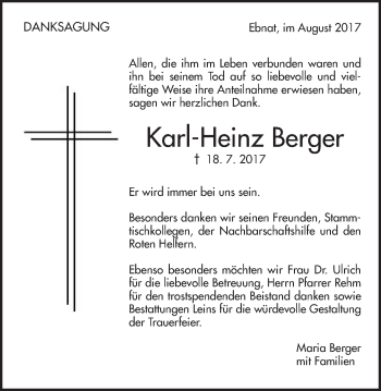 Traueranzeige von Karl-Heinz Berger von Schwäbische Post