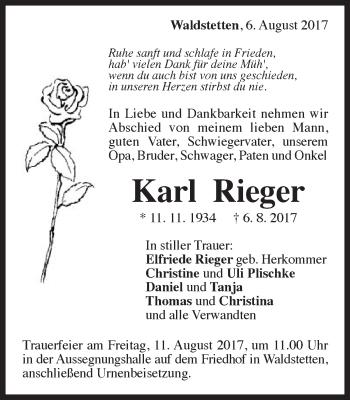 Traueranzeige von Karl Rieger von Gmünder Tagespost