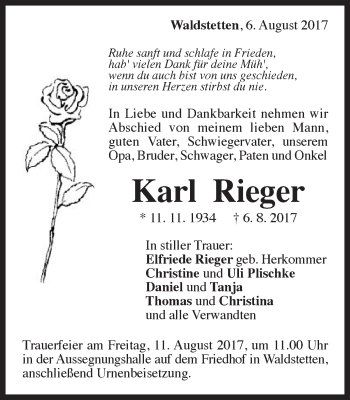 Traueranzeige von Karl Rieger