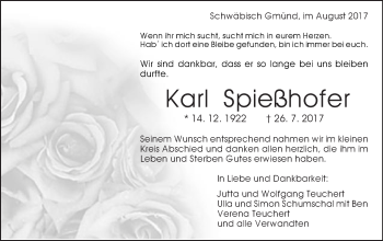Traueranzeige von Karl Spießhofer von Gmünder Tagespost