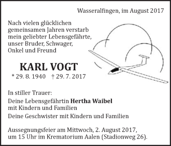 Traueranzeige von Karl Vogt von Schwäbische Post