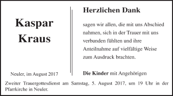 Traueranzeige von Kaspar Kraus von Schwäbische Post