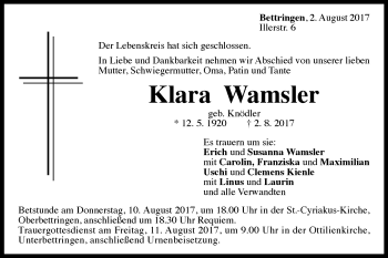 Traueranzeige von Klara Wamsler von Gmünder Tagespost