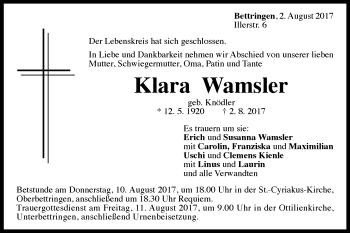 Traueranzeige von Klara Wamsler