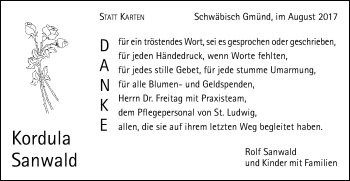 Traueranzeige von Kordula Sanwald von Gmünder Tagespost