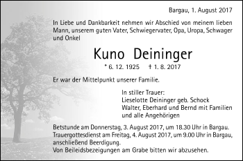 Traueranzeige von Kuno Deininger von Gmünder Tagespost