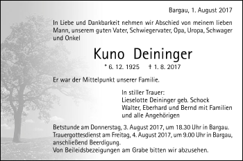 Traueranzeige von Kuno Deininger