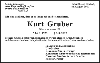 Traueranzeige von Kurt Gruber von Gmünder Tagespost