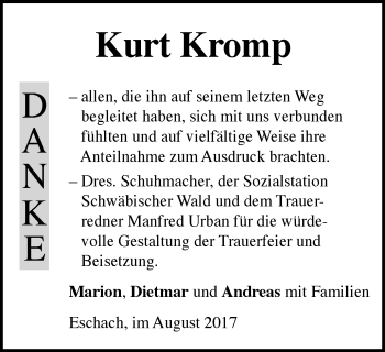 Traueranzeige von Kurt Kromp von Gmünder Tagespost