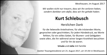 Traueranzeige von Kurt Schlebusch von Schwäbische Post